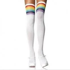 Leg Avenue Striped Thigh Highs - White With Rainbow Striped Socks