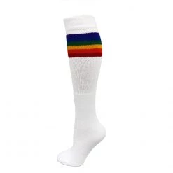 AJs Socks Retro Tube Socks - White W/ Rainbow (Knee High) Colorful Knee Highs